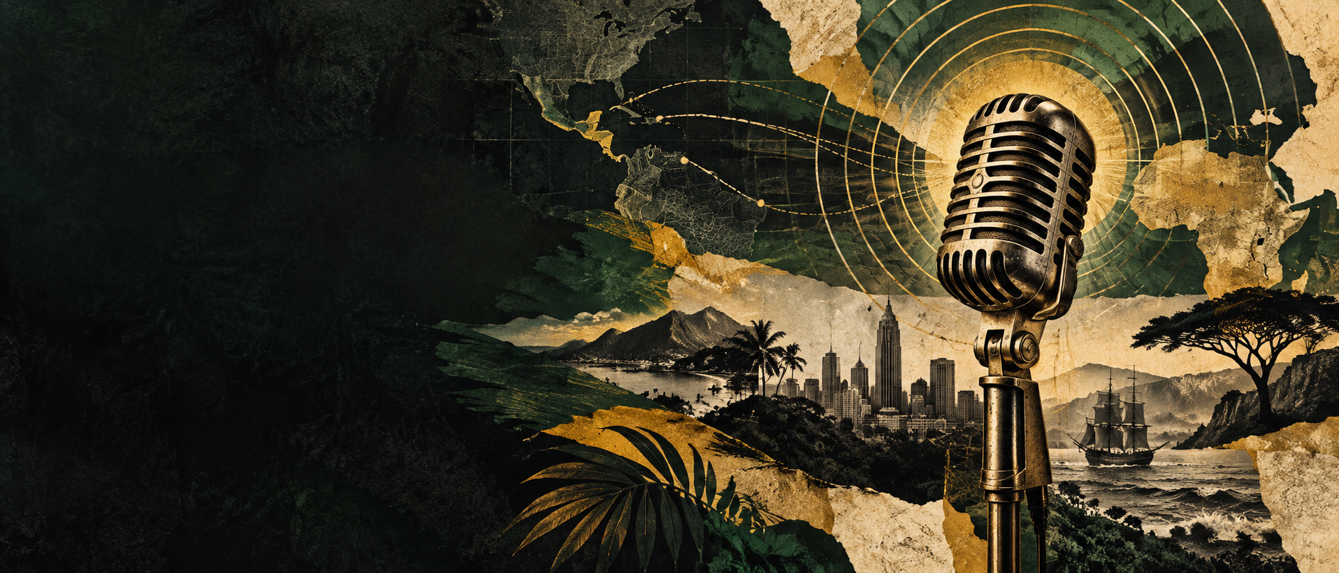 Editorial collage of a vintage microphone connecting Jamaica, Atlanta, Africa and the wider diaspora